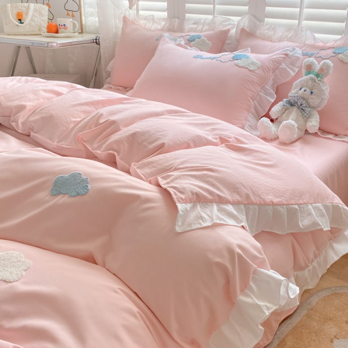 91家纺网 家纺一手货源 找家纺 （总）易禾家纺 2022新款小清新水洗亲肤棉四件套七彩云朵