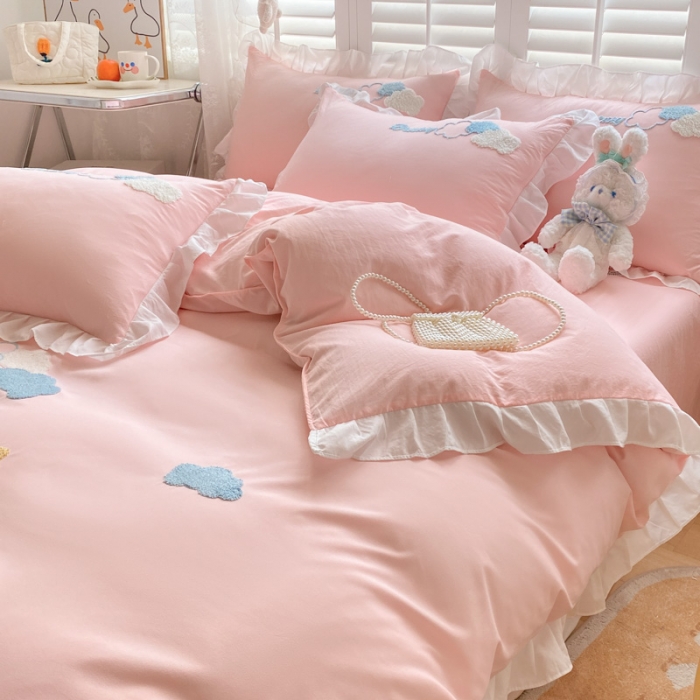 91家纺网 家纺一手货源 找家纺 （总）易禾家纺 2022新款小清新水洗亲肤棉四件套七彩云朵