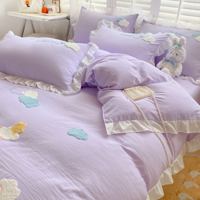 91家纺网 家纺一手货源 找家纺 易禾 2022新款小清新水洗亲肤棉四件套七彩云朵 七彩云朵紫