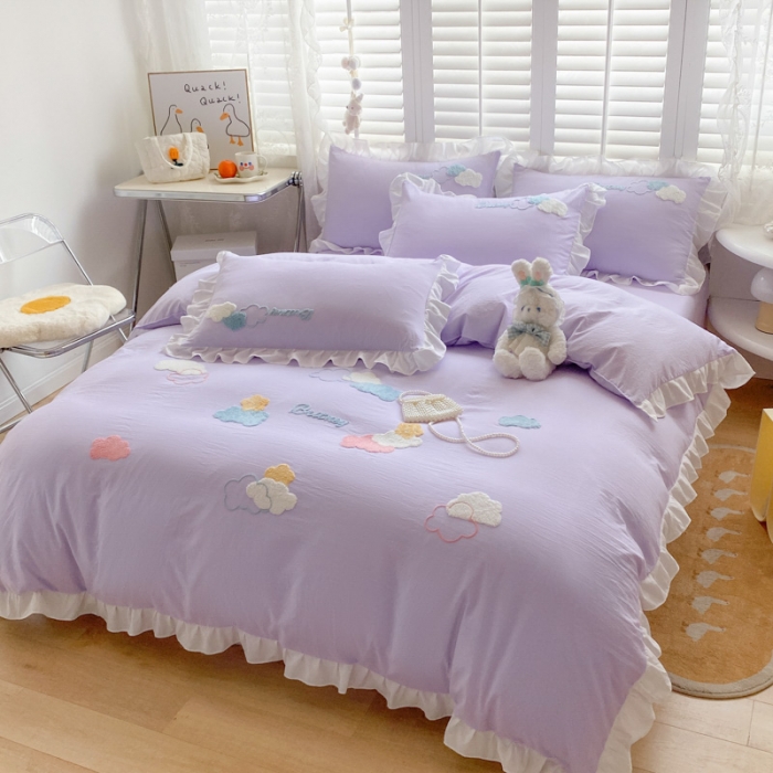 91家纺网 家纺一手货源 找家纺 易禾 2022新款小清新水洗亲肤棉四件套七彩云朵 七彩云朵紫