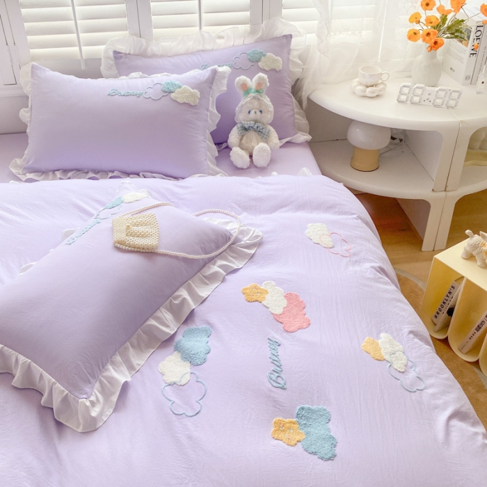 91家纺网 家纺一手货源 找家纺 易禾 2022新款小清新水洗亲肤棉四件套七彩云朵 七彩云朵紫