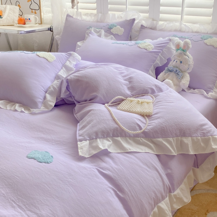 91家纺网 家纺一手货源 找家纺 易禾 2022新款小清新水洗亲肤棉四件套七彩云朵 七彩云朵紫