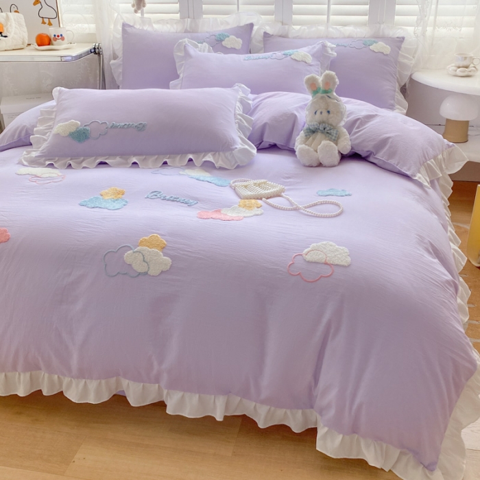 91家纺网 家纺一手货源 找家纺 易禾 2022新款小清新水洗亲肤棉四件套七彩云朵 七彩云朵紫