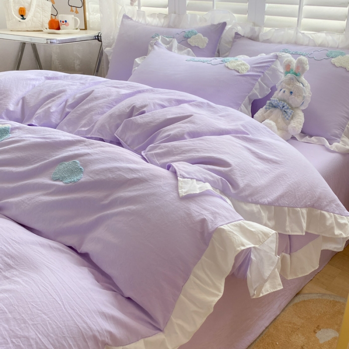 91家纺网 家纺一手货源 找家纺 易禾 2022新款小清新水洗亲肤棉四件套七彩云朵 七彩云朵紫