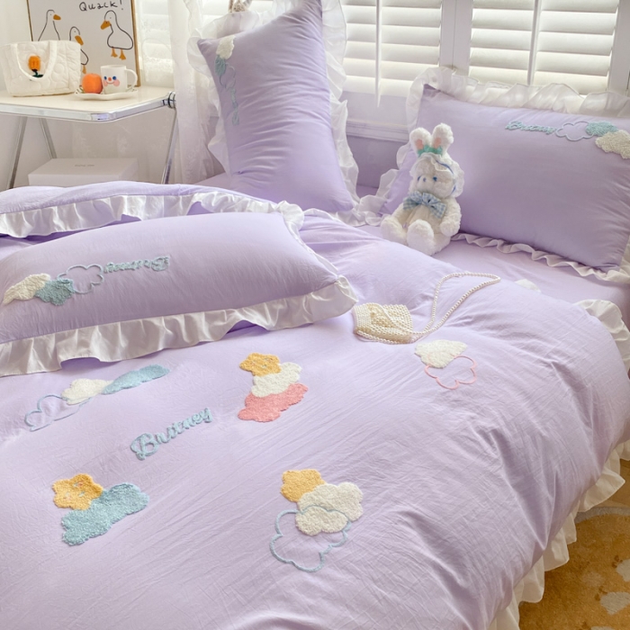 91家纺网 家纺一手货源 找家纺 易禾 2022新款小清新水洗亲肤棉四件套七彩云朵 七彩云朵紫