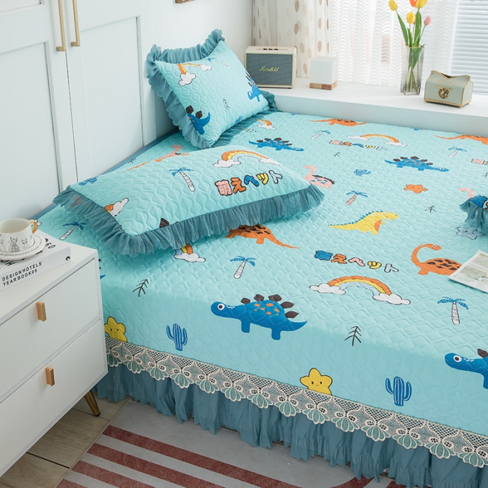 91家纺网 家纺一手货源 找家纺 冬然2021新款全棉防滑榻榻米床垫炕盖纯棉床盖三件套恐龙乐园