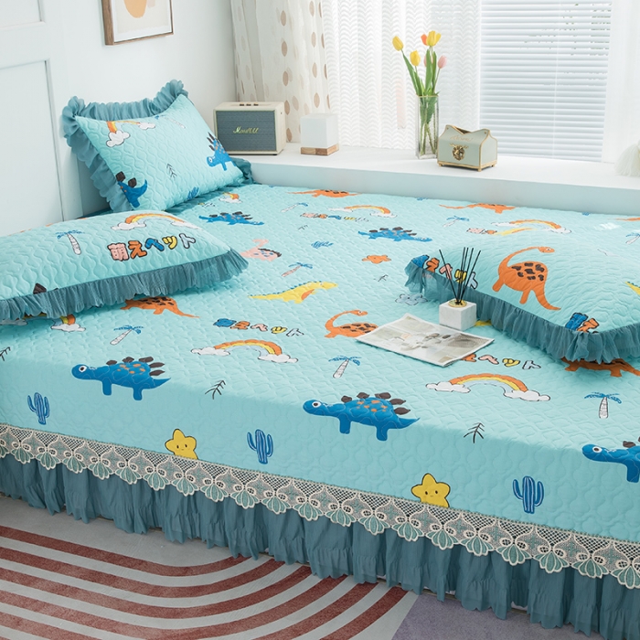 91家纺网 家纺一手货源 找家纺 冬然2021新款全棉防滑榻榻米床垫炕盖纯棉床盖三件套恐龙乐园