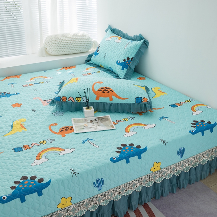 91家纺网 家纺一手货源 找家纺 冬然2021新款全棉防滑榻榻米床垫炕盖纯棉床盖三件套恐龙乐园