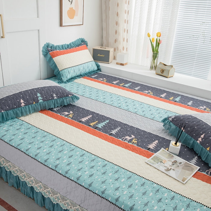 91家纺网 家纺一手货源 找家纺 冬然 2021新款全棉防滑榻榻米床垫炕盖纯棉床盖三件套平安树