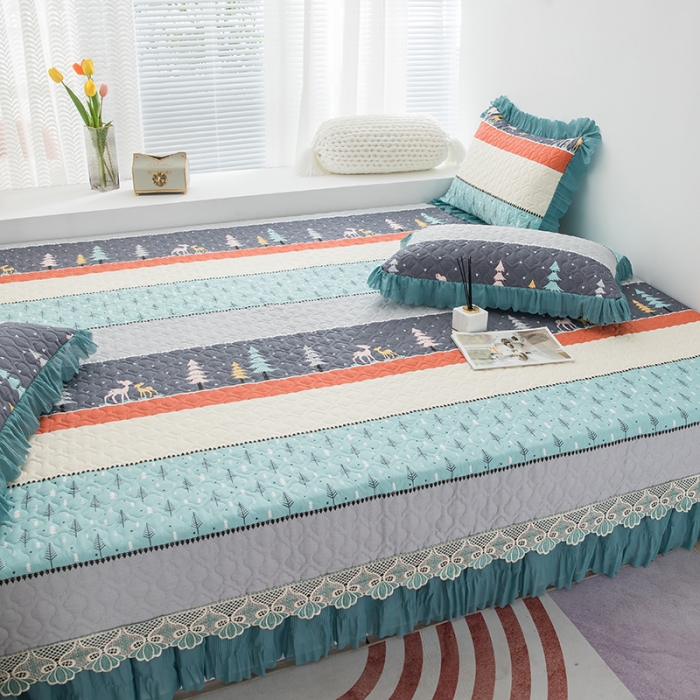 91家纺网 家纺一手货源 找家纺 冬然 2021新款全棉防滑榻榻米床垫炕盖纯棉床盖三件套平安树