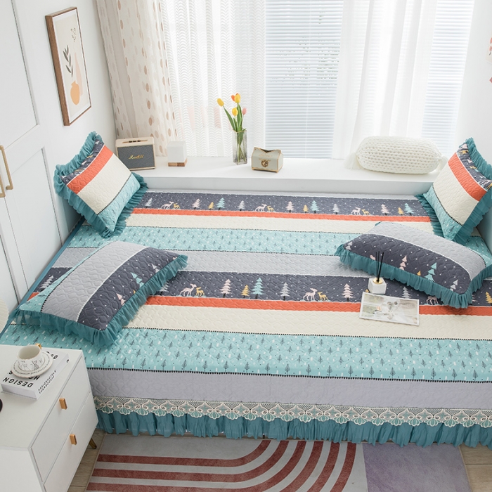 91家纺网 家纺一手货源 找家纺 冬然 2021新款全棉防滑榻榻米床垫炕盖纯棉床盖三件套平安树
