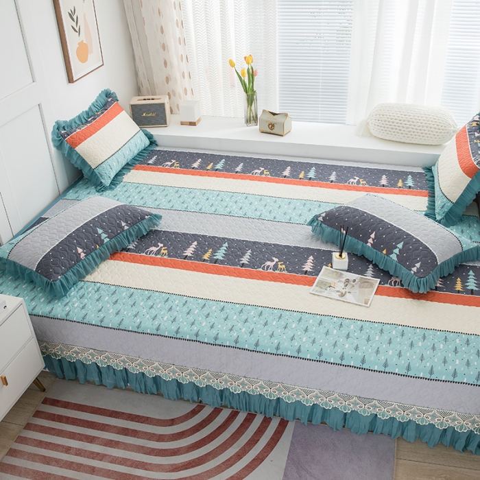 91家纺网 家纺一手货源 找家纺 冬然 2021新款全棉防滑榻榻米床垫炕盖纯棉床盖三件套平安树