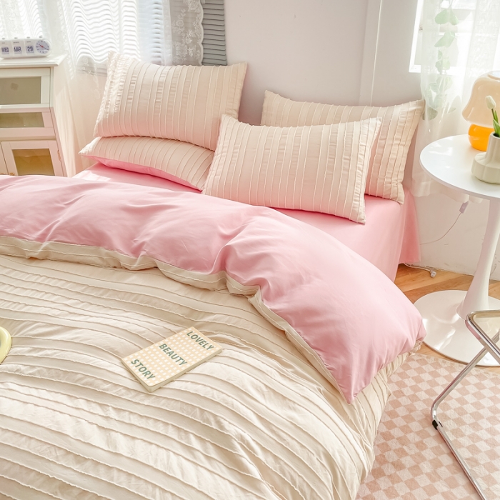 91家纺网 家纺一手货源 找家纺 古吉梦 2022新款剪花简约条系列四件套简约条-卡其+藕粉