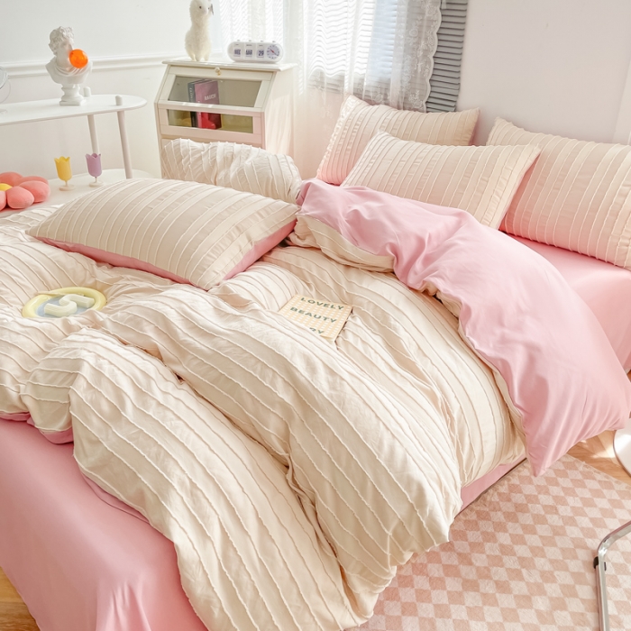 91家纺网 家纺一手货源 找家纺 古吉梦 2022新款剪花简约条系列四件套简约条-卡其+藕粉