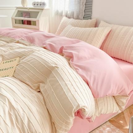 91家纺网 家纺一手货源 找家纺 古吉梦 2022新款剪花简约条系列四件套浅豆沙+浅灰