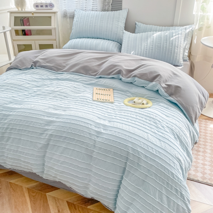 91家纺网 家纺一手货源 找家纺 古吉梦 2022新款剪花简约条系列四件套天空兰+浅灰