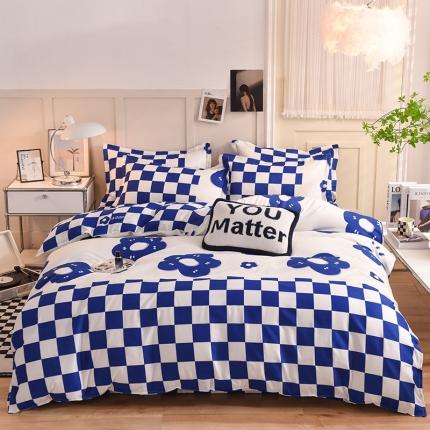 91家纺网 家纺一手货源 找家纺 妖妖家纺 2023新款芦荟棉AB双版印花四件套 幸福花朵蓝