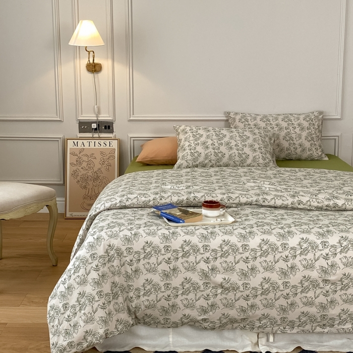 91家纺网 家纺一手货源 找家纺 蘭菲家纺 2023新款针织棉碎花系列四件套 茶白