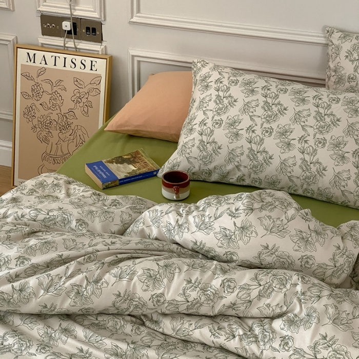 91家纺网 家纺一手货源 找家纺 蘭菲家纺 2023新款针织棉碎花系列四件套 茶白