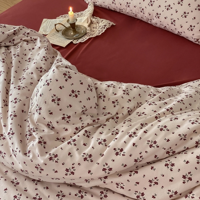 91家纺网 家纺一手货源 找家纺 蘭菲家纺 2023新款针织棉碎花系列四件套 酒红探戈