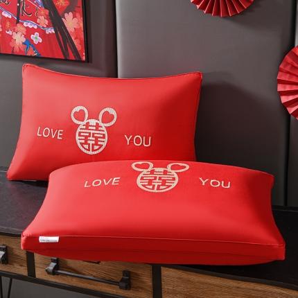新款婚庆全棉枕芯刺绣款羽丝绒枕头纯棉立体大红色