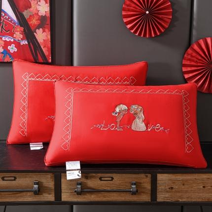 新款婚庆全棉枕芯刺绣款羽丝绒枕头纯棉立体大红色
