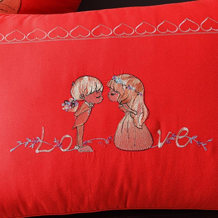 91家纺网 家纺一手货源 找家纺 新款婚庆全棉枕芯刺绣款羽丝绒枕头纯棉立体大红色