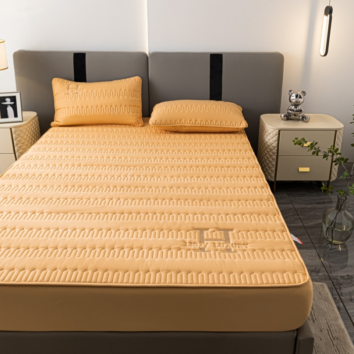 91家纺网 家纺一手货源 找家纺 鑫钰 2023年新款原棉大豆夹棉床笠直播爆款 琥珀橙