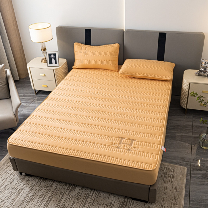 91家纺网 家纺一手货源 找家纺 鑫钰 2023年新款原棉大豆夹棉床笠直播爆款 琥珀橙