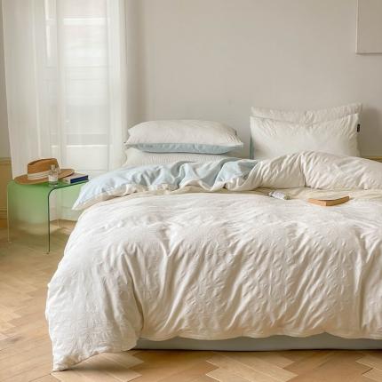 91家纺网 家纺一手货源 找家纺 （总）梦享生活 2022新款40支华夫格提花四件套,水蓝奶茶,焦糖双拼,蜂蜜黄奶茶,盐白双拼