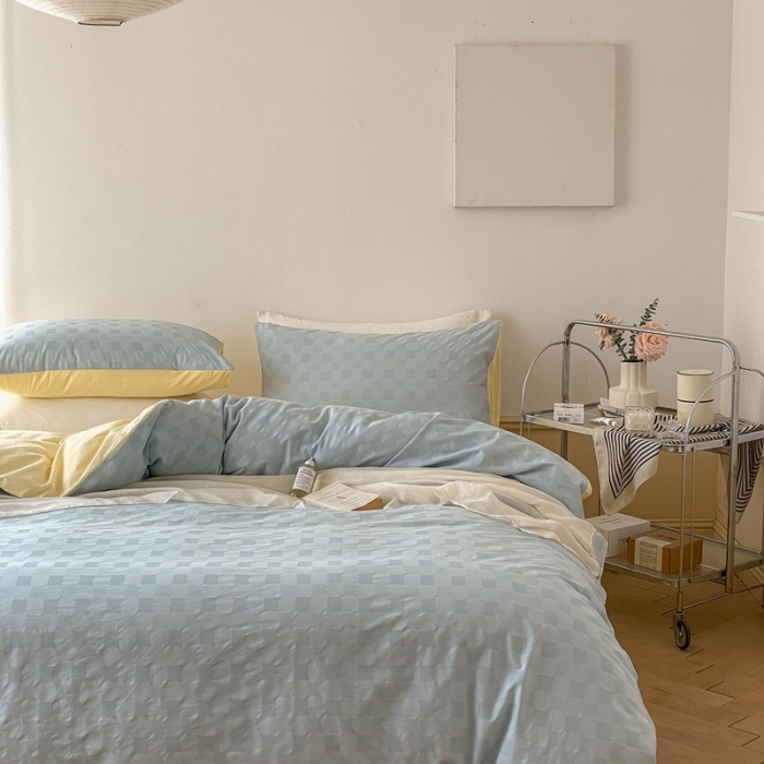 91家纺网 家纺一手货源 找家纺 梦享生活 2022新款40支华夫格提花四件套 水蓝奶茶