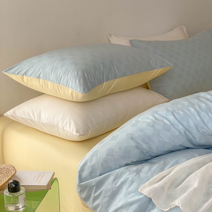 91家纺网 家纺一手货源 找家纺 梦享生活 2022新款40支华夫格提花四件套 水蓝奶茶