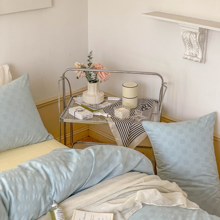 91家纺网 家纺一手货源 找家纺 梦享生活 2022新款40支华夫格提花四件套 水蓝奶茶