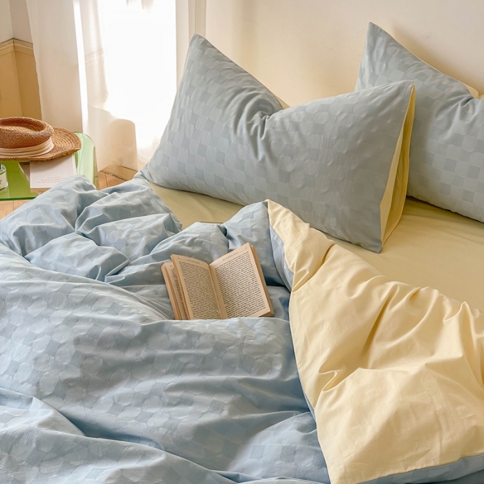 91家纺网 家纺一手货源 找家纺 梦享生活 2022新款40支华夫格提花四件套 水蓝奶茶