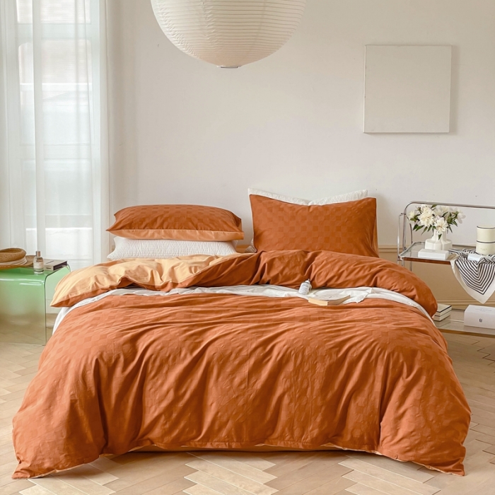 91家纺网 家纺一手货源 找家纺 梦享生活 2022新款40支华夫格提花四件套 焦糖双拼