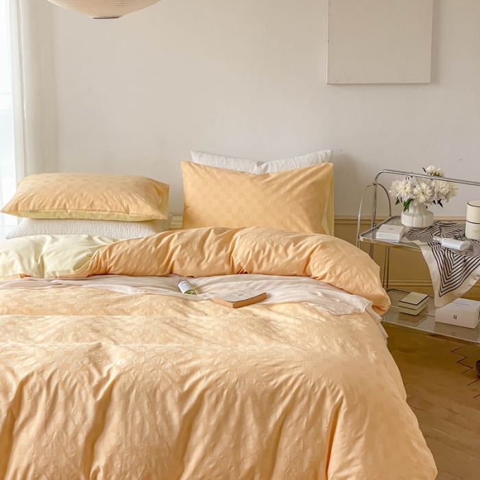 91家纺网 家纺一手货源 找家纺 梦享生活 2022新款40支华夫格提花四件套 蜂蜜黄奶茶