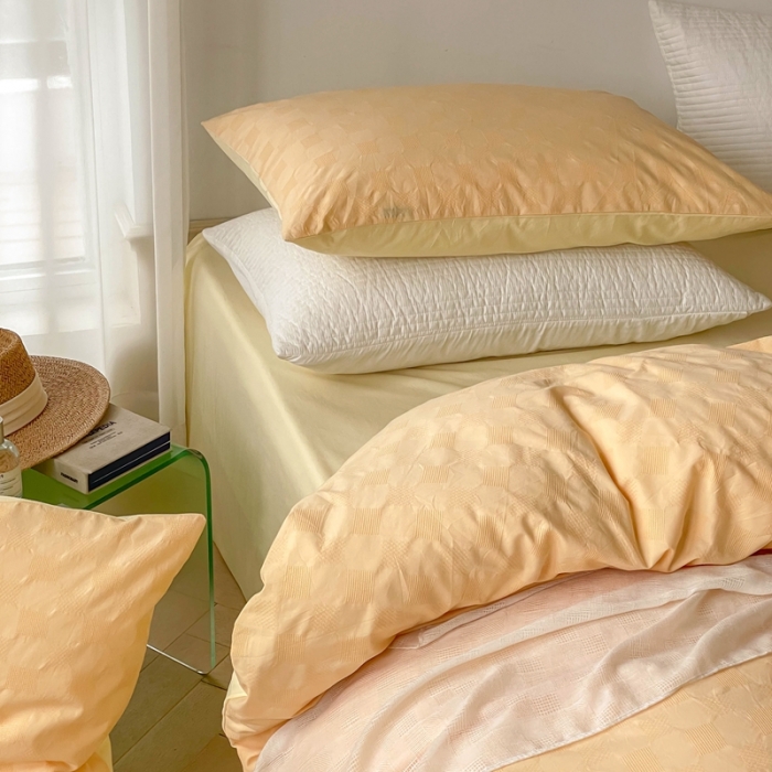 91家纺网 家纺一手货源 找家纺 梦享生活 2022新款40支华夫格提花四件套 蜂蜜黄奶茶