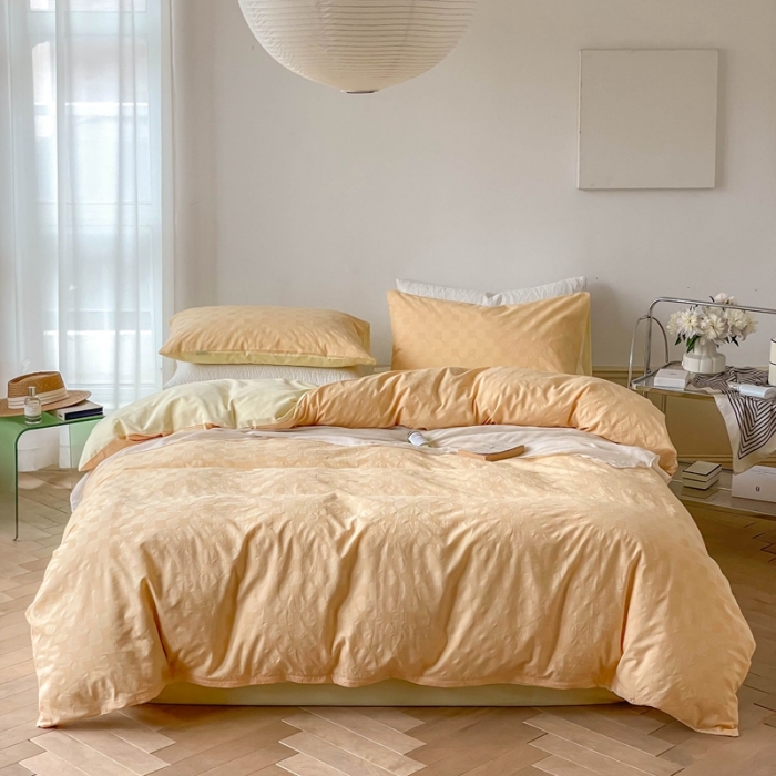 91家纺网 家纺一手货源 找家纺 梦享生活 2022新款40支华夫格提花四件套 蜂蜜黄奶茶