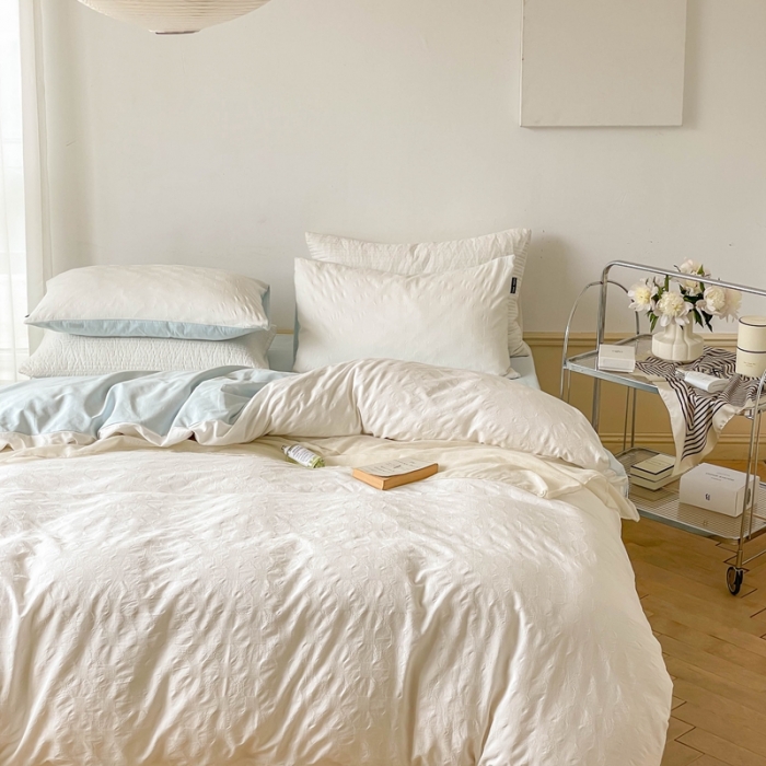 91家纺网 家纺一手货源 找家纺 梦享生活 2022新款40支华夫格提花四件套 盐白双拼