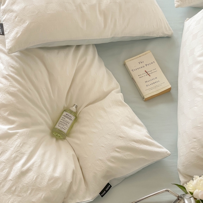 91家纺网 家纺一手货源 找家纺 梦享生活 2022新款40支华夫格提花四件套 盐白双拼