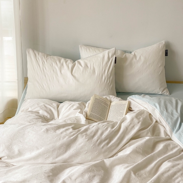 91家纺网 家纺一手货源 找家纺 梦享生活 2022新款40支华夫格提花四件套 盐白双拼