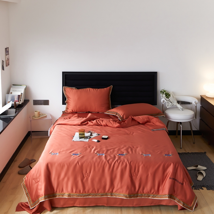 91家纺网 家纺一手货源 找家纺 汇庭 2022新款奥地利60天丝数码花边夏被-马德里 马德里橘色