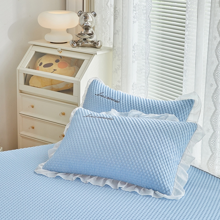 91家纺网 家纺一手货源 找家纺 金丝鸟 2022新款花边床笠款冰豆豆凉席 花边款天青蓝