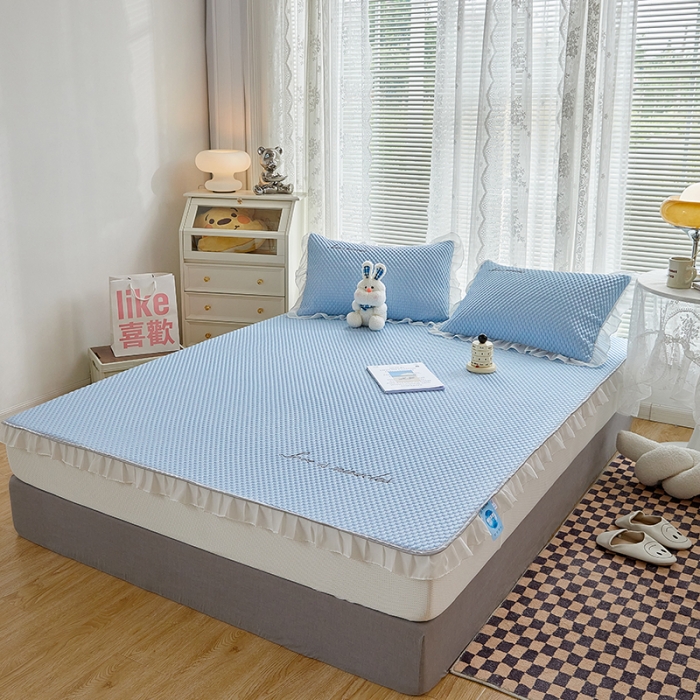 91家纺网 家纺一手货源 找家纺 金丝鸟 2022新款花边床笠款冰豆豆凉席 花边款天青蓝