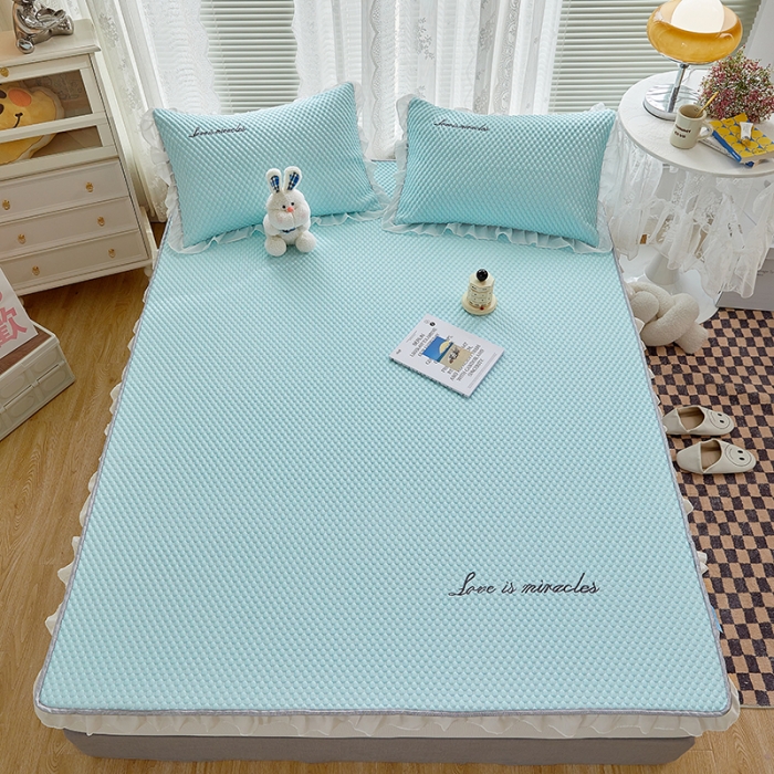 91家纺网 家纺一手货源 找家纺 金丝鸟 2022新款花边床笠款冰豆豆凉席 花边款湖蓝色