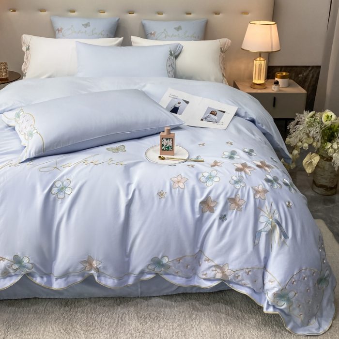 91家纺网 家纺一手货源 找家纺 安妮 2022新款全棉刺绣四件套 花颜悦色-蓝