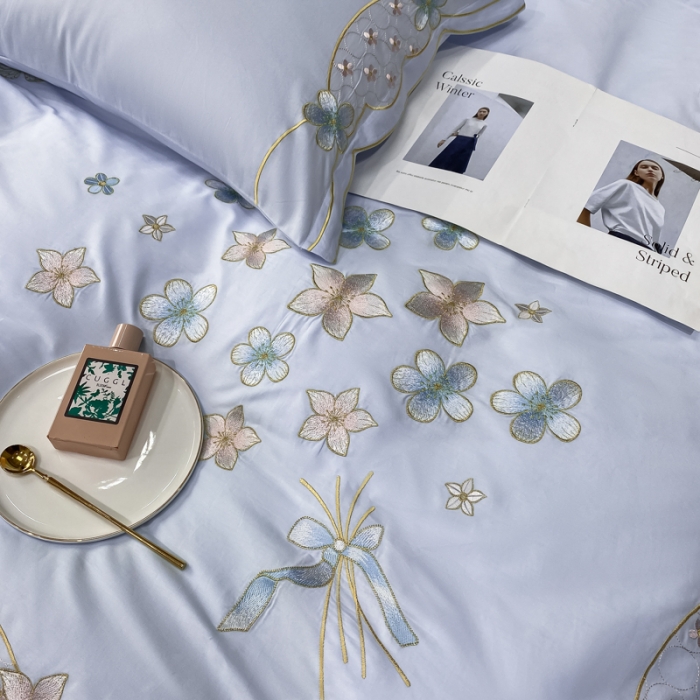 91家纺网 家纺一手货源 找家纺 安妮 2022新款全棉刺绣四件套 花颜悦色-蓝