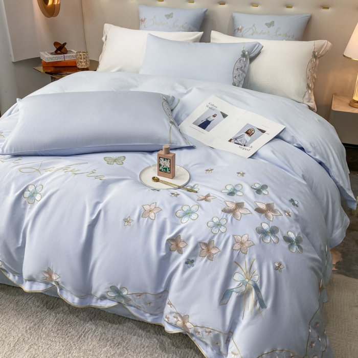 91家纺网 家纺一手货源 找家纺 安妮 2022新款全棉刺绣四件套 花颜悦色-蓝