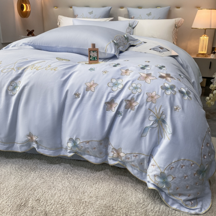 91家纺网 家纺一手货源 找家纺 安妮 2022新款全棉刺绣四件套 花颜悦色-蓝