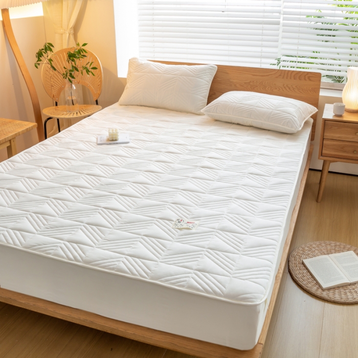 91家纺网 家纺一手货源 找家纺 给笠 2023新款原棉床笠 几何格-米白